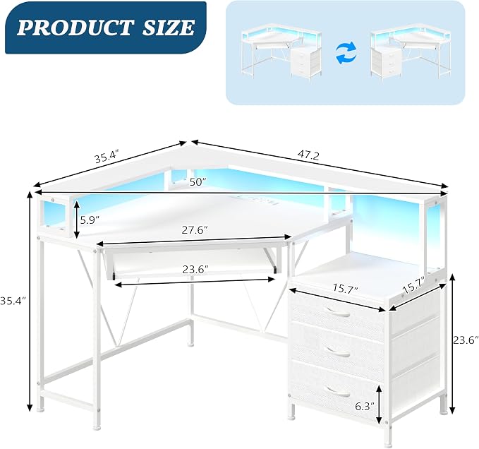 YOMILUVE Small Corner Desk with Drawers, Corner Gaming Desk with Power Outlets & Printer Shelf for Small Space, Triangle Computer Desk with LED Lights, Keyboard Tray and Monitor Stand, White