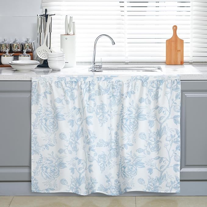 VitalCozy Cabinet Curtains 35" W x 35" L Sink Skirt for Bathroom Kitchen Blue Flower Floral Cabinet Curtains for Classroom Home Farmhouse Rustic Drape Under Desk Privacy Drape for Laundry Room