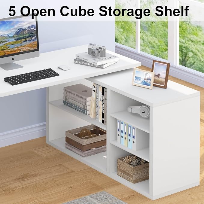 HSH White L Shaped Desk with Shelf, Reversible Modern Home Office Desk Workstation, L Shape Computer Desk with Storage Cabinet Drawer, Industrial Wood Corner Table for Work Study Writing Gaming, 55 In
