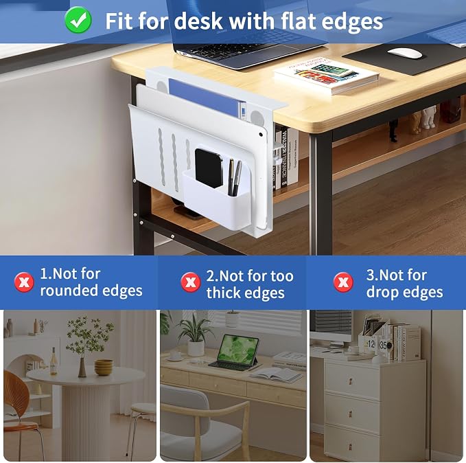 LUKETURE Laptop Holder, Steel Desk Side Storage, No Drill Standing Desk Accessories, Laptop Mount with Pen Holder, Back to School Supplies, Fits Flat Edge Tables 0.3" to 2.8" (White, M(1 Tier))