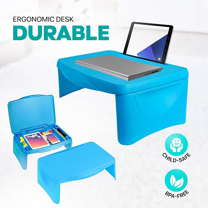 MAVOCRAFT Foldable Kids Lap Tray with Storage - Portable Lap Desk Kids & Adults - Kids Lap Desk for Breakfast in Bed, Serving Tray, Car Desk & Gaming (Blue)
