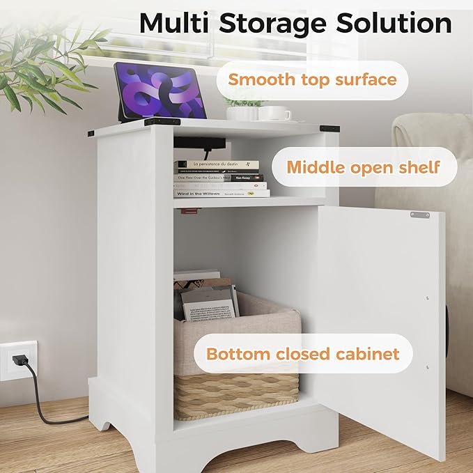 RoyalCraft 25" Tall Nightstand Set of 2, Farmhouse Nightstand with Charging Station, Large End Table with Storage, White Wood Bedside Table for Bedroom, White