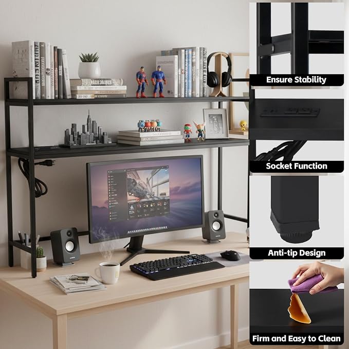 38.5" Desk Shelf with Outlets, 2-Tier Adjustable Multipurpose Engineered Wood Organizer Desk Hutch, Office Storage Rack, Desktop Shelf Organizer for Dorm,Office Home(Black)
