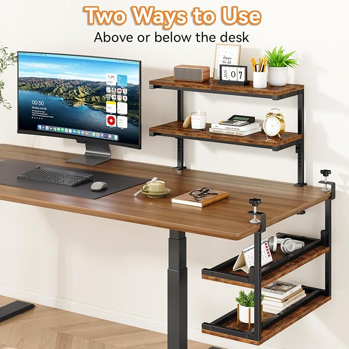 IBUYKE Clamp on Desk Shelf, 22.8” Large Desk Extender Shelves,Tool-Free Flexible Repositioning and Adjustable 2-Tier Storage Shelves for Desktop Accessories Below Desk TMZ010H