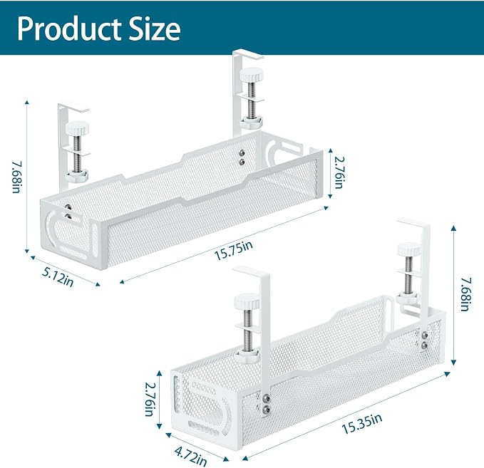 2Pack Under Desk Cable Management Tray, No Drill Mesh Desk Cable Tray, Wire Management Tray Cable Management Rack, Wire Organizer and Cable Management Box (White)