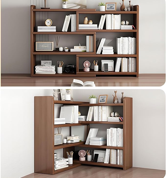 Expandable Bookshelf Wood Desktop - Organizer Bookcase Office Book Case Storage Rack Multipurpose Shelves Corner Display for Study,Living Room,Small Space