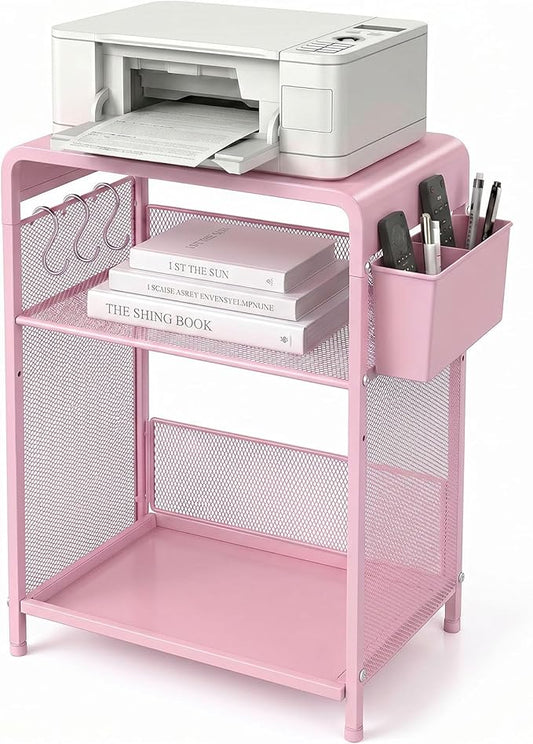 ECOLOVI 3 Tier Printer Stand for Under Desk, Height Adjustable Shelf Small Printer Table with 3 S-Hooks & Basket, Heavy Duty Industrial Storage Shelf for Home Office (Pink Metal)