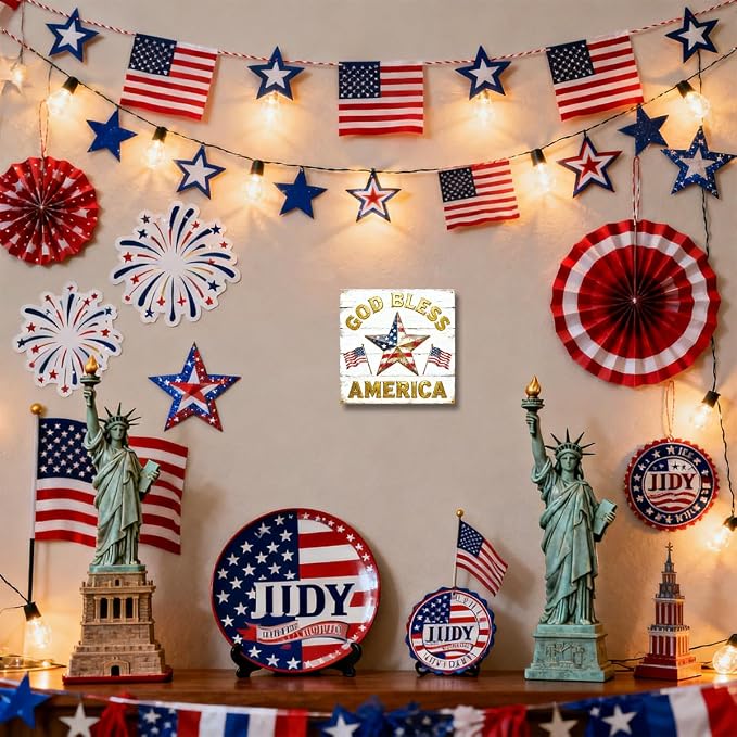 Patriotic Wooden Box Sign,God Bless America Star 4th Of July Signs Home Decor,Independence Memorial Day Block Sign for Desk Shelf Tabletop Decor