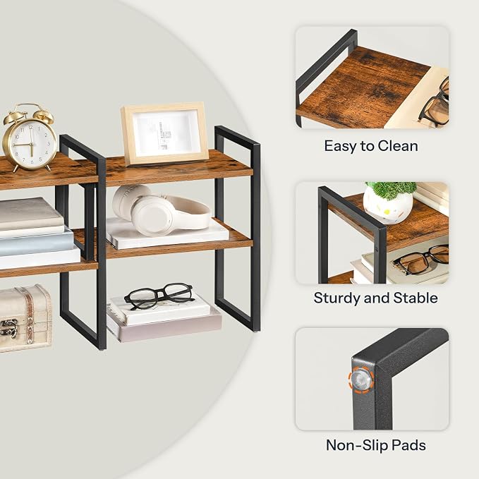 HOOBRO Desk Shelf Organizer, Adjustable Desktop Bookshelf, 2-Tier Shelf for Top of Desk, Wooden Office Storage Rack, for Office, Study, Kitchen, Dorm, Rustic Brown and Black BF39SJ01