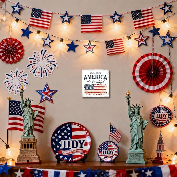 Patriotic Wooden Box Sign,America The Beautiful Est.1776 4th Of July Signs Home Decor,Independence Memorial Day Block Sign for Desk Shelf Tabletop Decor