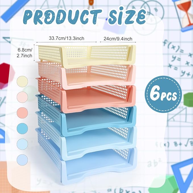 Tenceur 6 Pcs Turn in Trays Classroom, Stackable Tray for Classroom Plastic Storage Baskets Teacher Organizers for Library Drawers Office Desk (Trendy,Soft Color,13.3 x 9.5 x 2.7 Inches)