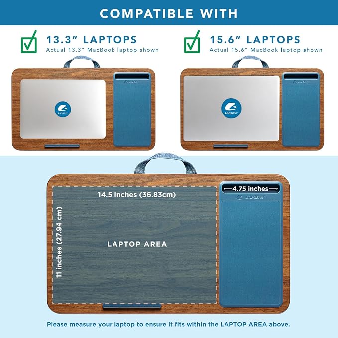 LAPGEAR Home Office Lap Desk with Device Ledge, Mouse Pad, and Phone Holder - Espresso Blue - Fits up to 15.6 Inch Laptops - Style No. 91522