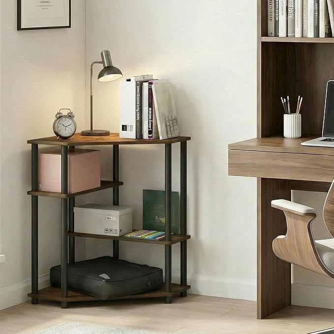Furinno Turn-N-Tube Desk, Corner Gaming Desk with Storage Shelves, Toolless Assembly Computer Desk with Open Shelf, Office Desk for Home Office, Bedroom, Amber Pine