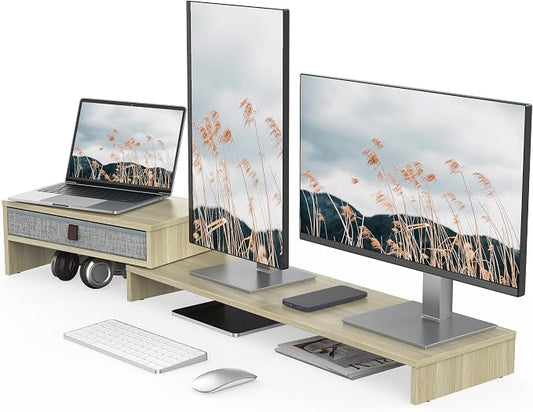 Fenge Computer Monitor Riser Stand with Drawer for 2 or 3 Monitors ,Adjustable Length and Angle Desktop Laptop Stand,Office Organizer,Printer,Oak