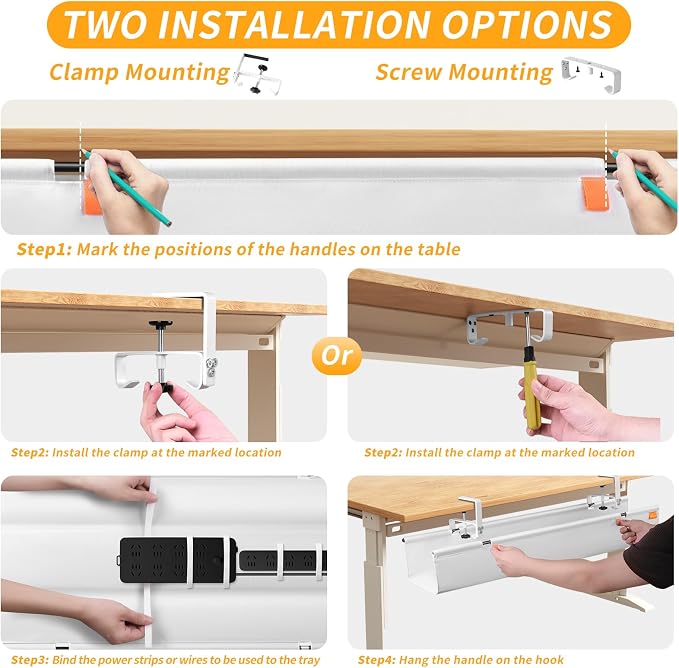 48" Under Desk Cable Management Tray, No Drill Desk Cable Management Wire Standing Desk Cord Organizer Clamp/Screw Mount, Cord Management Tray Fabric Desk Organizer for Home Office-White