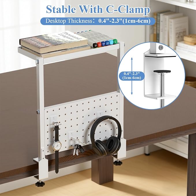 Jumyee 2-Tier Side/Top Clamp On Desk Shelf With Magnetic Pegaboard(White) | Flip Pegboard Tray & Magnetic Accessories, No-Drill White Desk Shelf with 6 Hooks for Home Office Gaming Accessories