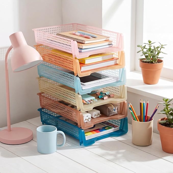 Geetery Set of 12 Plastic Trays for Teachers Turn in Trays Classroom Stackable Paper Tray Plastic Classroom Teachers Desk Letter Organizer Storage Baskets for Office, Desk, Home (Clear Boho Color)