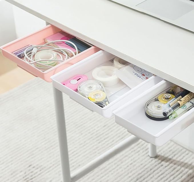 Under Desktop Drawer Storage Box, 2 Pcs 8.7 Inch x 6.1 Inch x 1.37 Inch White Plastic for Home and Office Storage (Large)