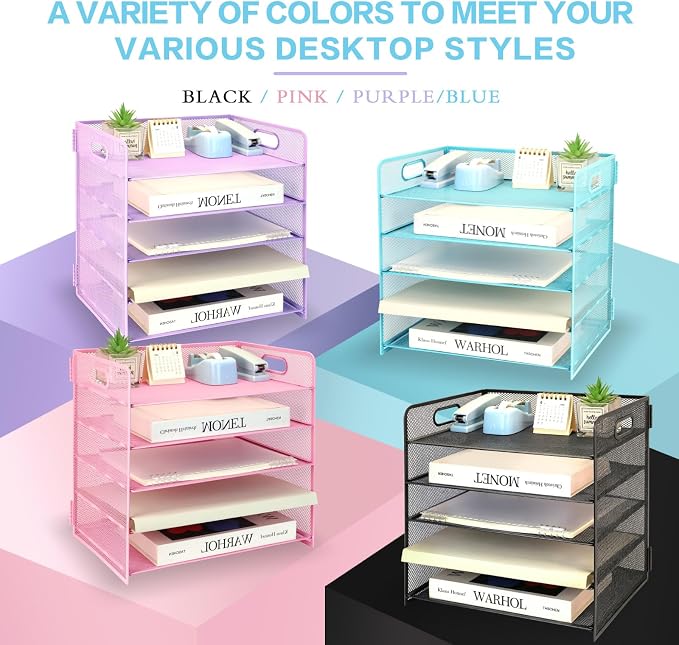 5 Tier Lettrer Tray Organizer with Handle, Metal Mesh Desk File Organizer with Sliding Trays, Paper Sorter Desk for Home Office School, Blue