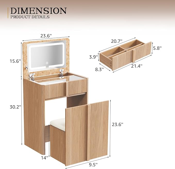 3-in-1 Small Vanity Desk with Drawers & Stool, Space Saving Makeup Vanity Dresser Set with Ample Leg Room, Sturdy 24" Nightstand with Mirror Bedside Table Combo for Bedroom Small Space,Natural