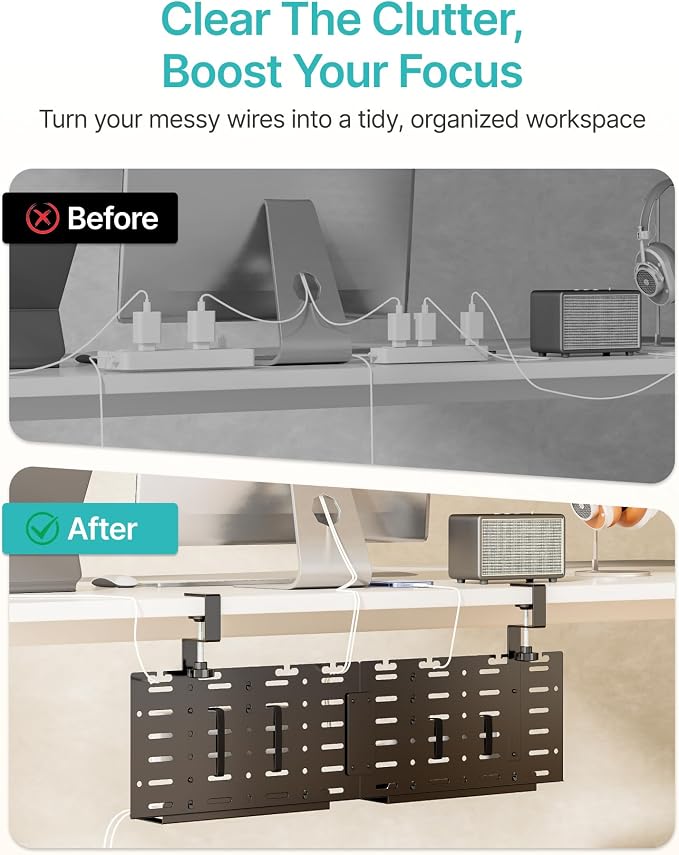 PEGZONE Under Desk Cable Management Tray, 30.2" Vertical Pegboard Organizer for Power Strip & Cords, with Hooks, Trays & Straps, No-Drill C-Clamp for Home Office, Black