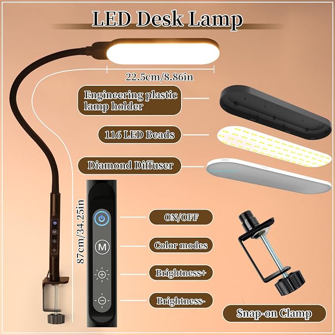 BQAN LED Desk Lamp with Clamp, 15W Eye-Caring Clip on Light, Adjustable Gooseneck Desk Lamps for Home Office with 5 Modes & 9 Brightness Levels for Reading, Studying, Nail Art, and Work(Black)