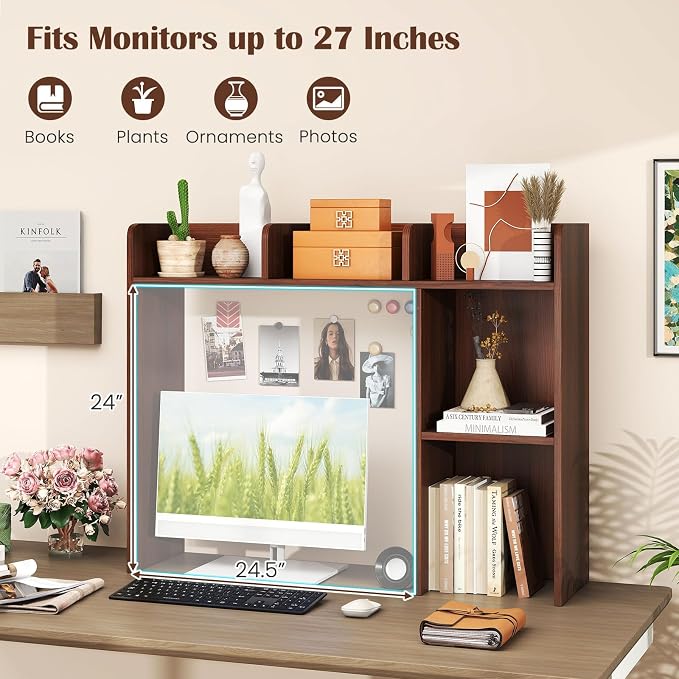 MAT EXPERT Desk Organizer, Wooden Desktop Shelf for 27 Inch Monitor with 5 Shelves & Non-Slip Foot Pads, Anti-Tipping Device, Multipurpose Desk Hutch for Study, Office, Dorm (Walnut)