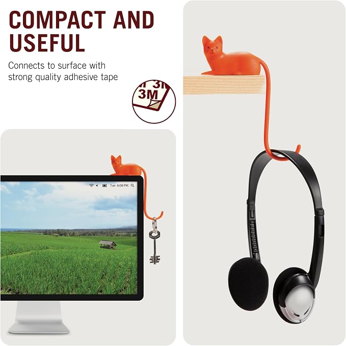 Monkey Business Ginger The Cat Tail Hook for Computer Screen, Tight Spaces, Hang Keys, Accessories in Easy Reach (Orange)