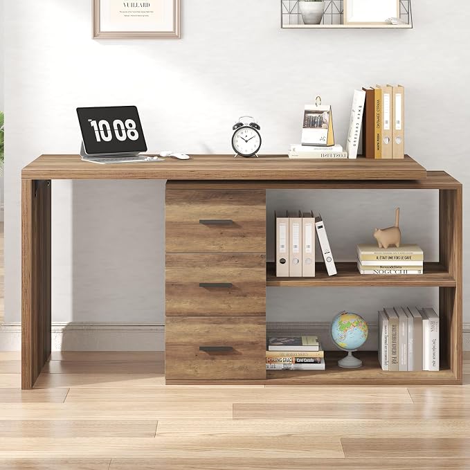 HSH L Shaped Desk with Storage Drawers Shelves, Large Corner Computer Table in Home Office, Industrial Wood Desk for Executive Writing Work Study, Rustic Oak, 55 Inch