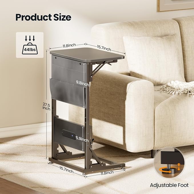 HLDIRECT C Shaped End Table with Charging Station, Couch Side Table with Storage Bag, Foldable TV Tray with 2 USB Ports and Outlets for Living Room, Bedroom, Gray