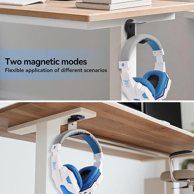 Magnetic Headphone Holder, Headset Hooks, Aluminum Headphone Hanger for Desk & Table, Headphone Mount Stand with Rubber Pad, Compatible with All Gaming Headsets (Black)