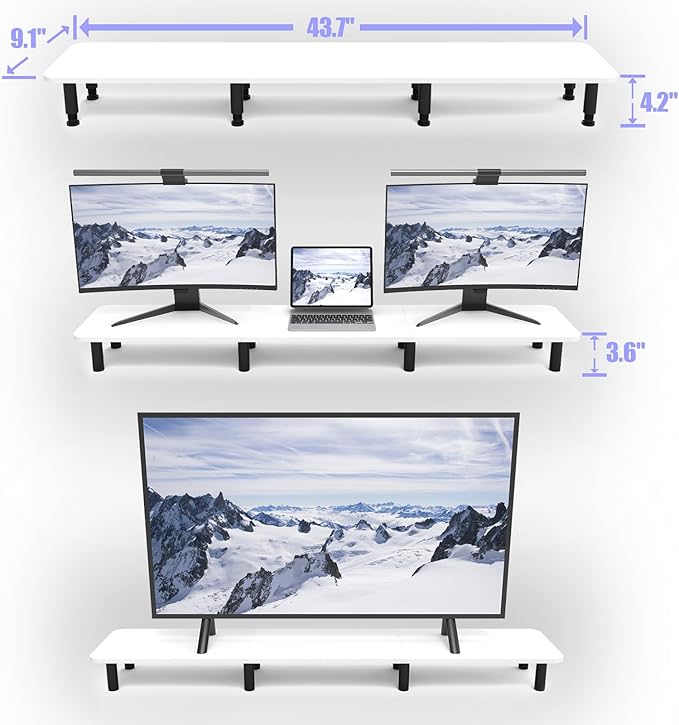 Dual Monitor Stand Riser 43.7 inch Large Extra Long Monitor Stand Riser Wide TV Stand Riser Monitor Stand for 2 Monitors Wood & Steel Leg Desktop Riser Desk Organization Home Office (White)