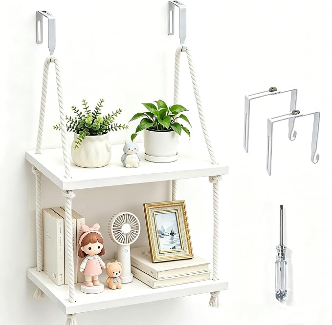 2 Tier Cubicle Shelf Hanging - 11.8 Inch Office Cubicle Wall Shelf with Rope Adjustable Hooks, Office Desk Accessories for Office Decor, Organizer, Storage in Workspaces