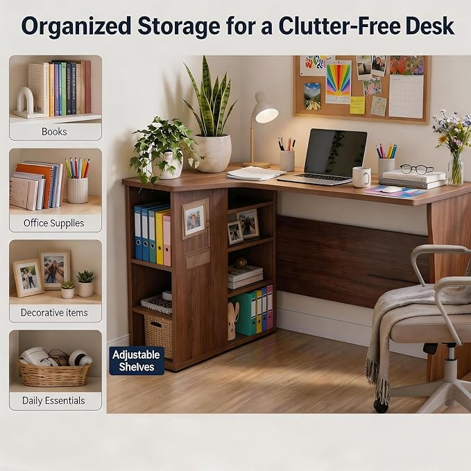IDEALHOUSE Walnut L Shaped Desk for Small Spaces, Reversible Corner Desk with Storage Cabinet and 6 Adjustable Shelves, Wood Computer Desk for Home Office, Study, Writing, Gaming, Bedroom, Brown