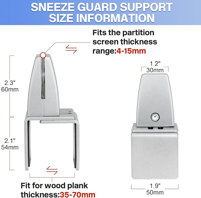 4 Packs Sneeze Guard Support, Aluminum Vertical Partition Board Clamp, Acrylic Desk Divider Support Clamp, Desk Shield Privacy Panel Clamps for Clear Shield for Countertop Reception