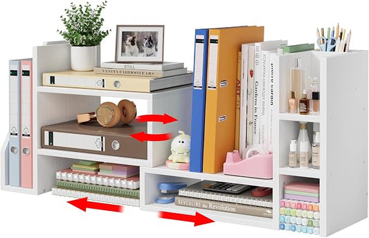 Desktop Shelf Desk Organizer File Holder - Dorm College Desk Bookshelf, Adjustable White Wood Shelving, Small Countertop Bookcase for Office Supplies, Student Study Desk & Home Organization Rack