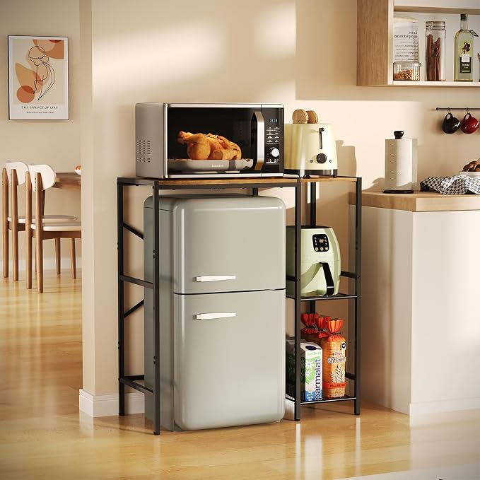 Yuyetuyo Mini Fridge Stand with Storage Shelves, Wine Cabinet, Microwave Stand, Coffee Bar, TV Stand, Bakers Rack, Beverage Refrigerator Table Adjustable for Dorm Apartment Kitchen Rustic Brown