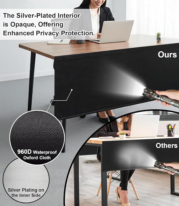 Under Desk Privacy Panel with Table Cable Management, 60 Inch Desk Skirt Modesty Desk Panel with Self-Gripping Straps for Office Home, Premium Silver-Plated Interior to Provide Better Privacy