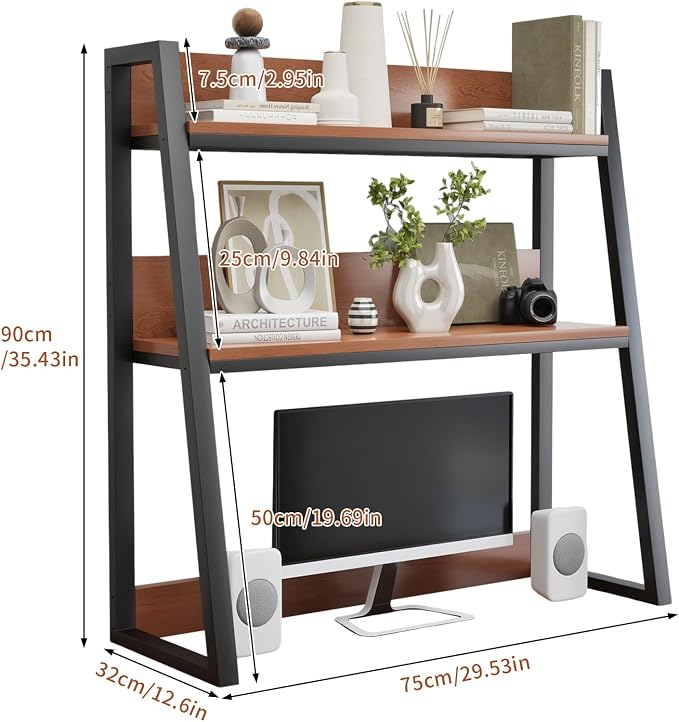 AQQHSAIN Desktop Hutch Shelf 2-Tier Ladder Bookshelf Computer Bookcase Wooden Desktop Display Rack Multipurpose Desk Hutch Top Only for Home Office Dorm Use (Brown, 75CM)