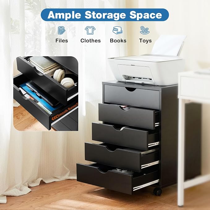 OLIXIS 5 Drawer Mobile File Cabinet Under Desk Storage Organization with Wheels Vertical Filing Chest Rolling Wood Small Desk Printer Stand for Home Office, 15.75"D x 18.74"W x 25.39"H, Black