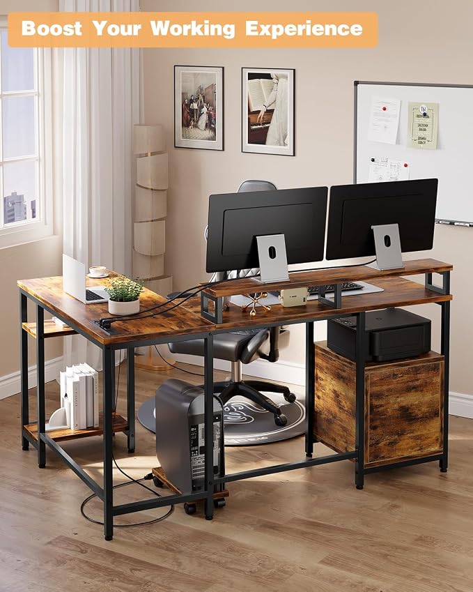 IDEALHOUSE Corner L-Shaped Computer Desk, Built-in Power Outlet & File Storage Drawer, with Monitor Shelf, Printer Storage, Mobile CPU Stand, for Home Office and Ergonomic Gaming Setup, Vintage Brown