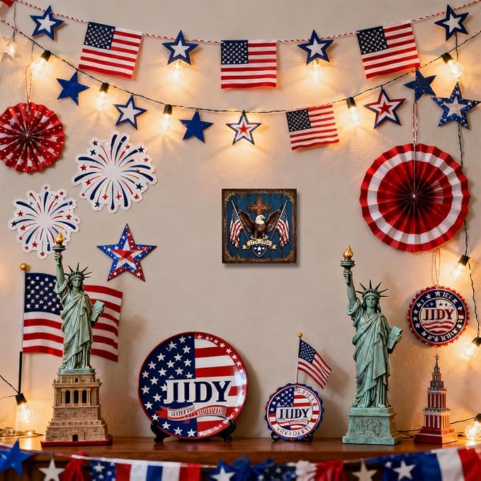 Patriotic Wooden Box Sign,1776-2026 Anniversary Eagle 4th Of July Signs Home Decor,Independence Memorial Day Block Sign for Desk Shelf Tabletop Decor