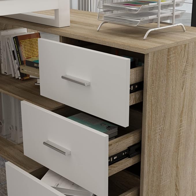 Homsee Home Office Computer Desk Corner Desk with 3 Drawers and 2 Shelves, 54 Inch Large L-Shaped Study Writing Table with Storage Cabinet - Walnut and White