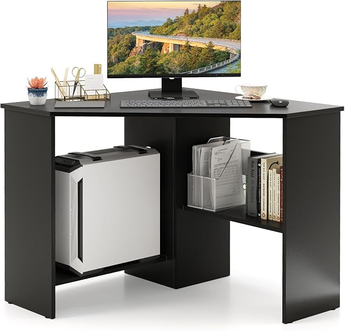 NAFORT Triangular Corner Desk with Storage Shelves and Cable Holes, Space Saving Writing Desk, Multi Functional Workstation for Home Office, Bedroom, PC Laptop Computer Table, Black