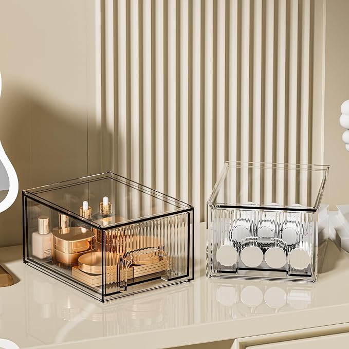 ZHIAI 2 Pack Clear Stackable Cosmetic Organizer, Acrylic Drawer, Plastic Organizer for Dresser, Vanity, Kitchen Cabinet, Pantry, Home Organization and Storage