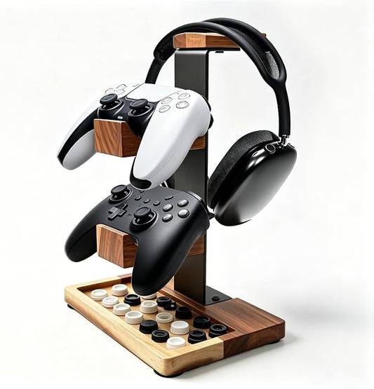 Acacia Wood Gaming Headset Stand & Dual Controller Holder, Solid Wood Desk Organizer Compatible with PS5, Xbox, Switch, Over-Ear Headphones, Gamer Gift for Men