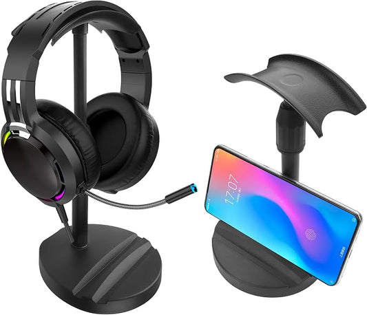 YAODHAOD Desktop Headphone Stand, Universal Headphone Holder with Phone Holder,Anti-Slip Base, for Desk, Office, Home Headphones Support Accessory (Black)