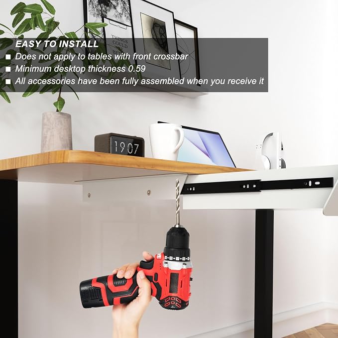White Under Desk Drawer with Removable Tray, 22.4" Wide 2-in-1 Organizer – 60° Ergonomic Tilt, 4-Compartment Insert for Pens, Phones & Cables, Ball Bearing Slides, for Home Office & Student Desk