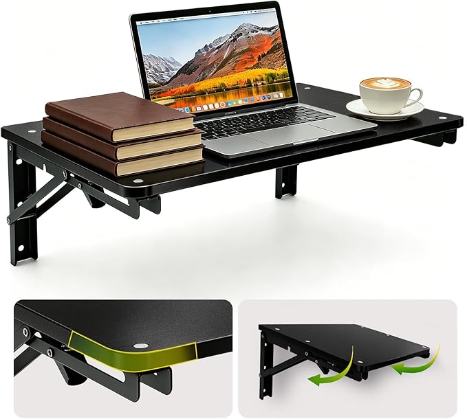 Wooden Folding Shelf Wall Mounted for Small Space, Wall Table for Living Room Bedroom Decor, Home Office Fold Down Desk, Media Shelves with Heavy-Duty Brackets Holds Up to 30lbs, 21.6"*11.8", Black