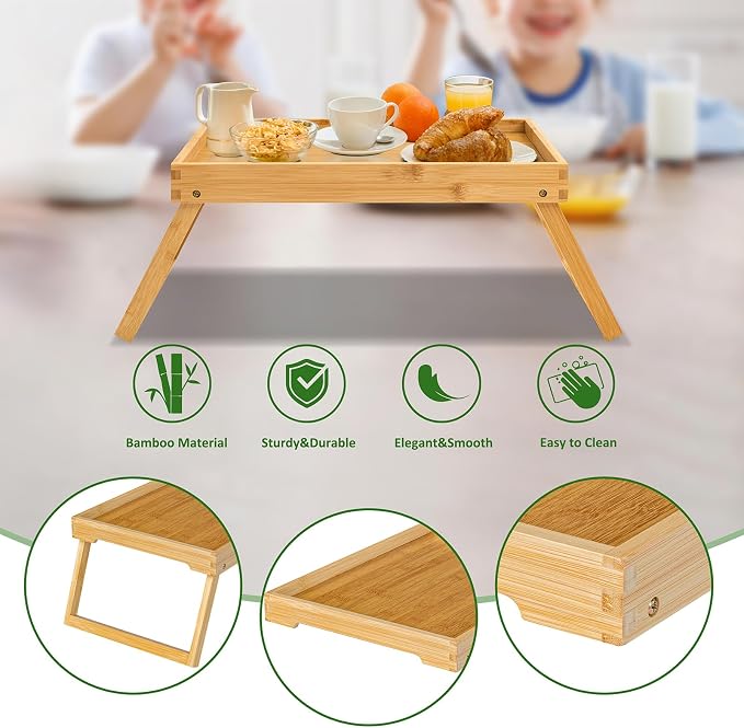 Bamboo Bed Tray Table with Foldable Legs, Breakfast Tray, (Beige) | Laptop Desk with Folding Legs for Bed or Sofa,Food,Dinner, Serving,TV Table,Kitchen,Eating,Working